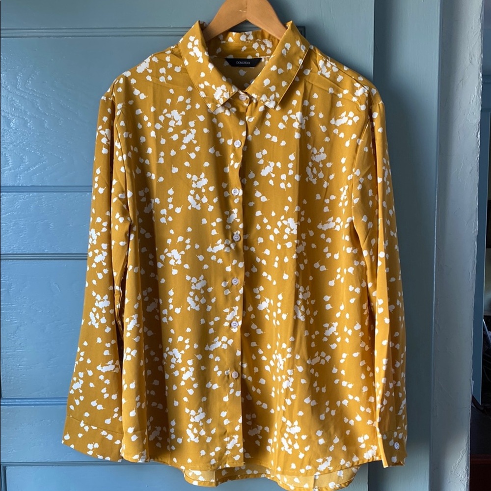 Yellow Button-Up Shirt with White Floral Pattern